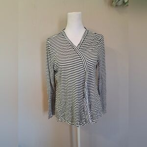 TALBOTS Black White Stripe Cardigan Sweater Open Front Size Large